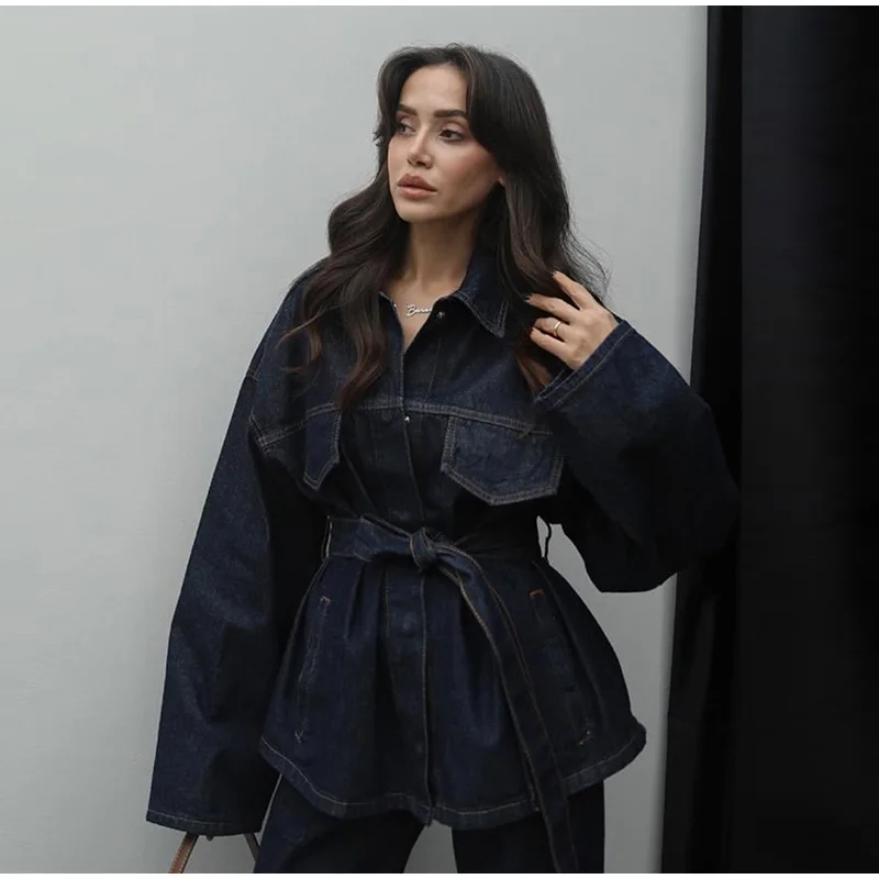 Zweiteiliges Vintage-Jeans-Set für Damen, einreihig, Reversgürtel, Jacke, passende Jeans mit hoher Taille und geradem Bein, lässiges tägliches Outfit – Detail 18