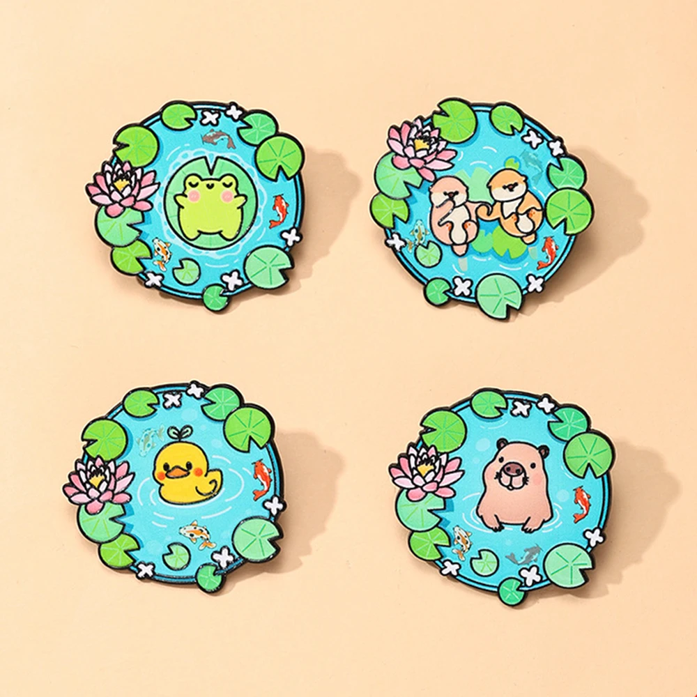 Cartoon Pool Animal Enamel Brooches Lapel Pins Guinea Pig Frog Otter Duck Lotus Flower Cute Fun Animal Metal Badge Jewelry Gift