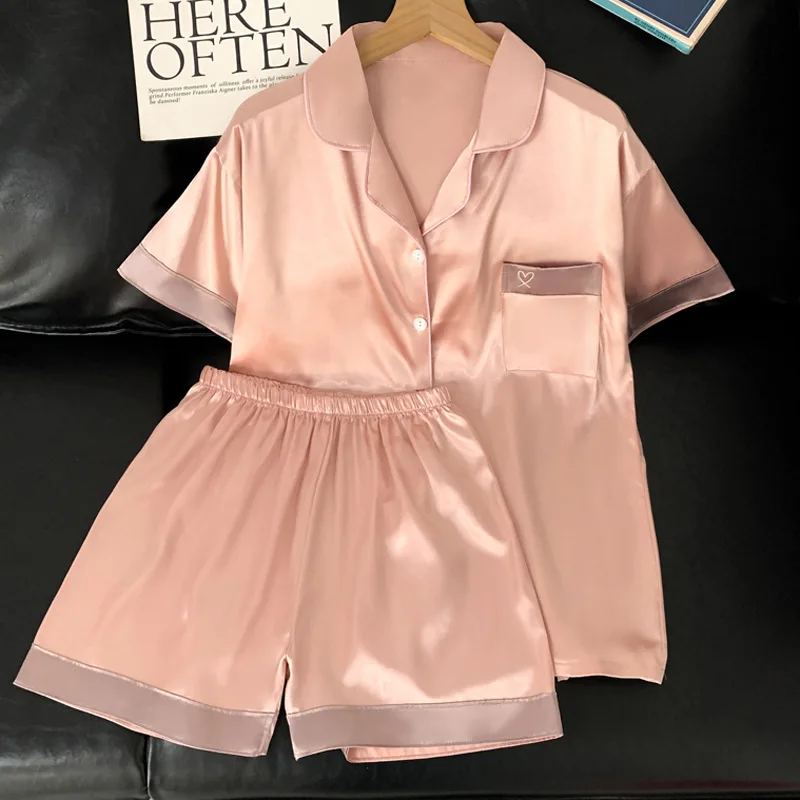 

Sweet Women Pajamas Set Pijama Silk Satin Sleepwear Cute Pyjamas Women Loungewear Lapel Homewear Ice Silk Summer Pajamas Woman