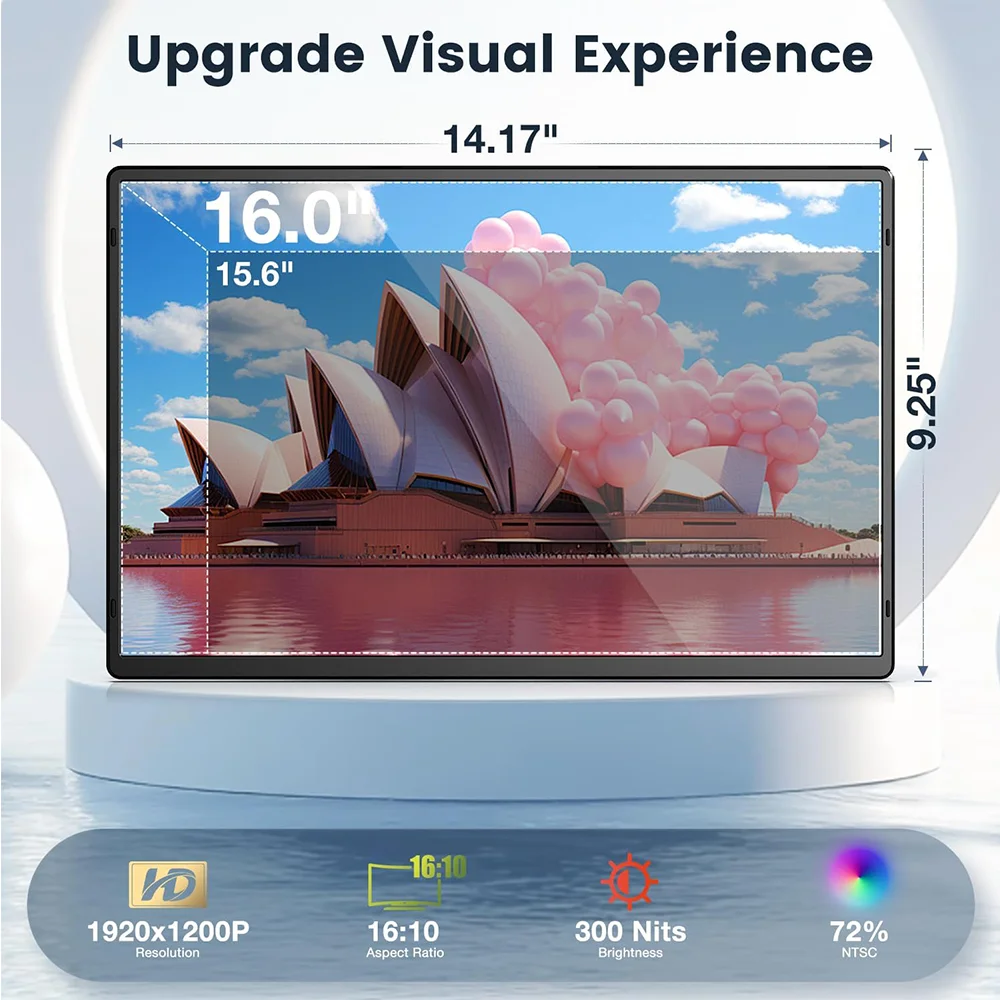 16-Inch FHD 1200P 360 Rotary Removable Vertical Plug and Play Travel Monitor for Laptop Slim Zero Frame Portable Monitors