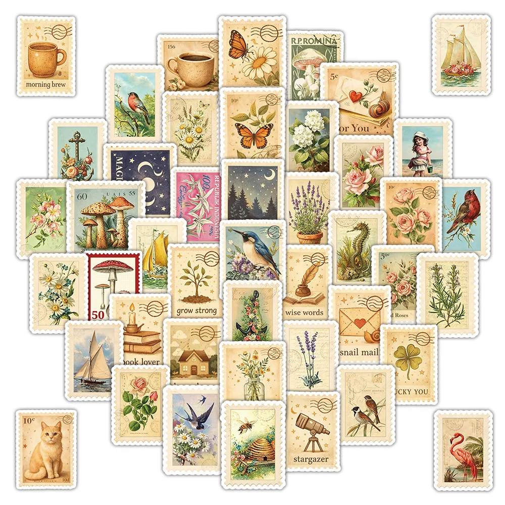 50 Sheets Retro Post Stamp Themed Sticker Set Classic Antique Design Craft Stickers Peel Joy Sticker Store
