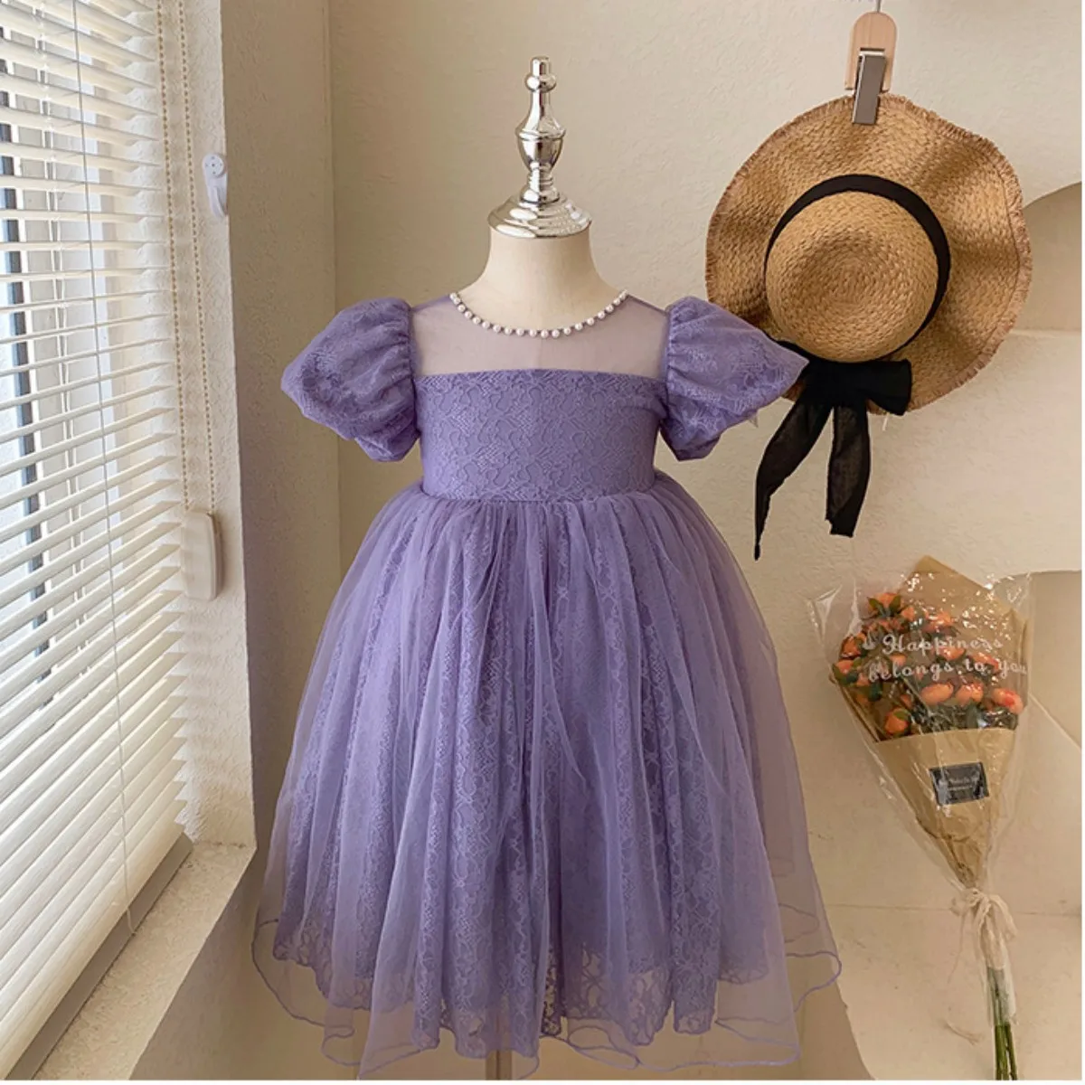 Girls Dress 2024 Summer New Childrens Princess Dress Bow Dress Purple Gentle Kids Clothes Girls Princess Clothing for Girls