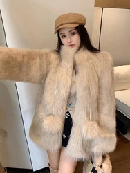 Women Turtleneck Covered Button Long Sleeved Plush Faux Fur Jacket Winter Korean Fashion High Quality Mid Length Version Coat