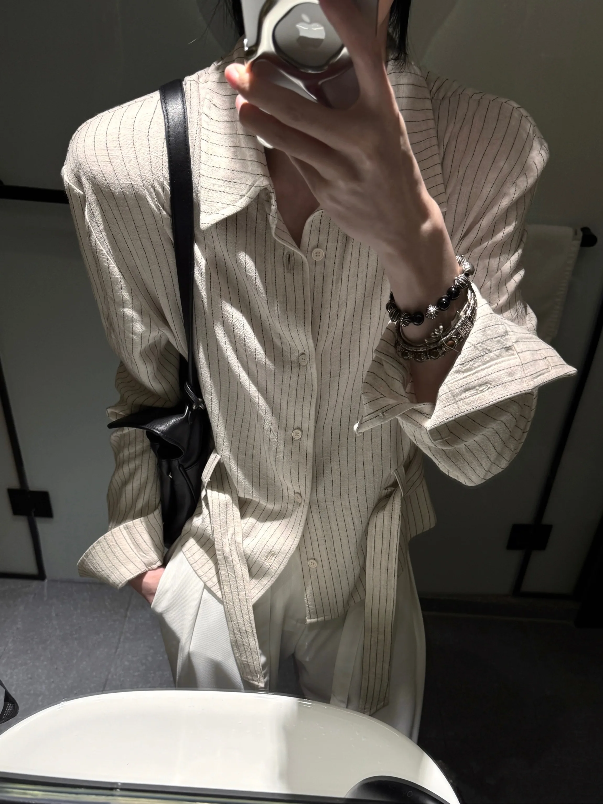 Elegant Slim Fit Linen Shirt Men's Short Top with Tie Bow Stripe Pattern Anti-Wrinkle Long Sleeve Business Casual Shirt