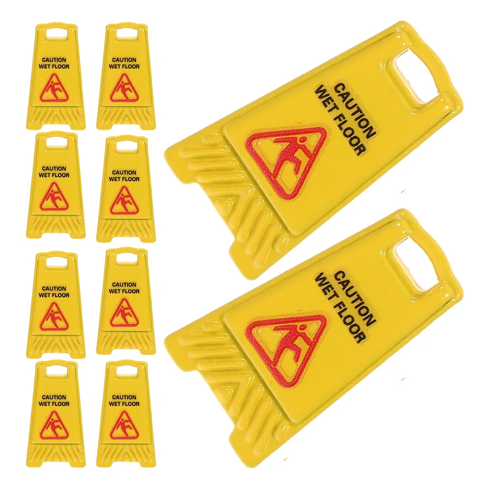 

10 Pcs Mini Warning Sign Dollhouse Caution Safety Education Toy Alloy Miniature Slippery Floor Pretend Play Accessory