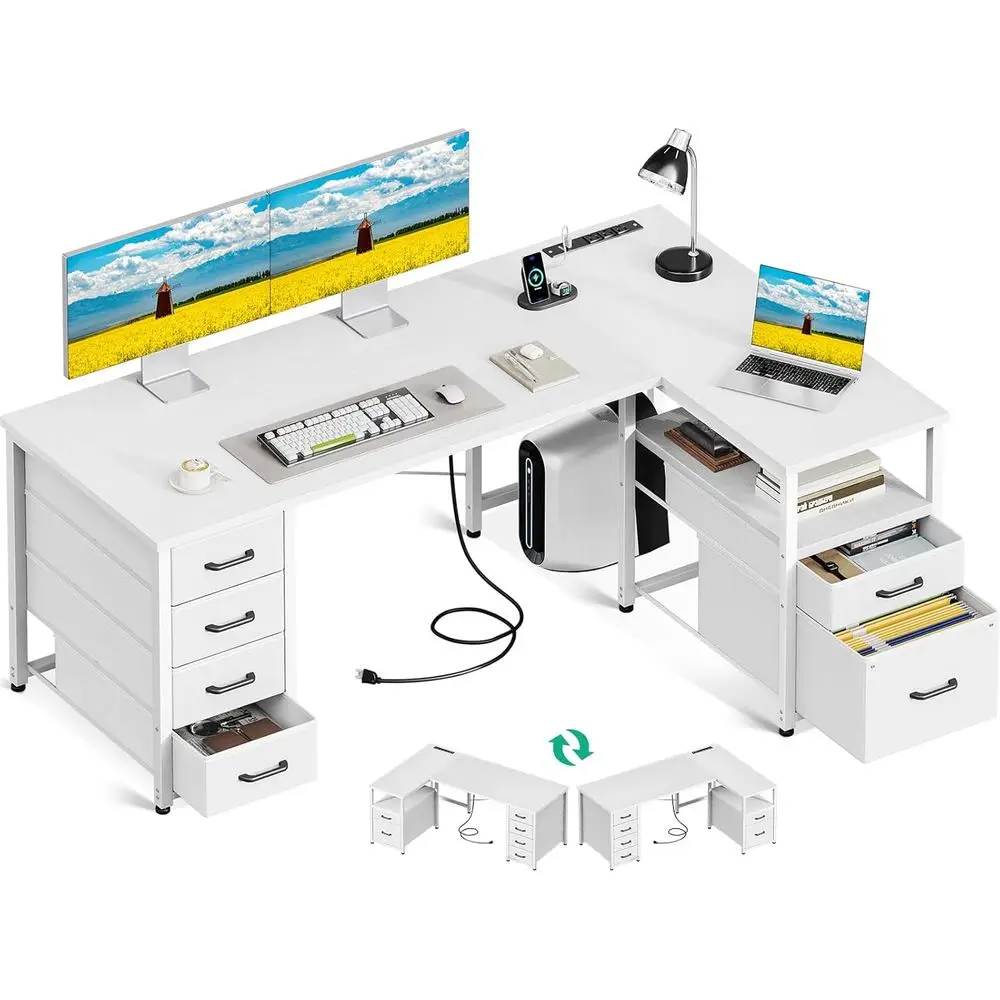 

Белый L-образный стол на 55 дюймов с 6 ящиками, розеткой и регулируемой полкой для домашнего офиса