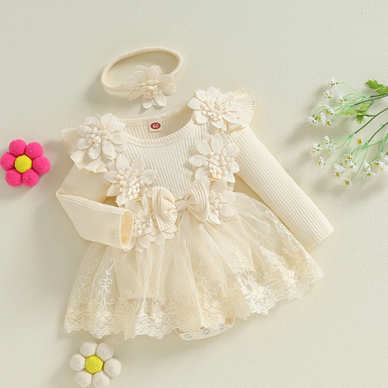 

Suefunskry Baby Girls Bodysuit 3D Flower Bow Long Sleeve Mesh Dress Romper Headband Adorable Ribbed Outfits