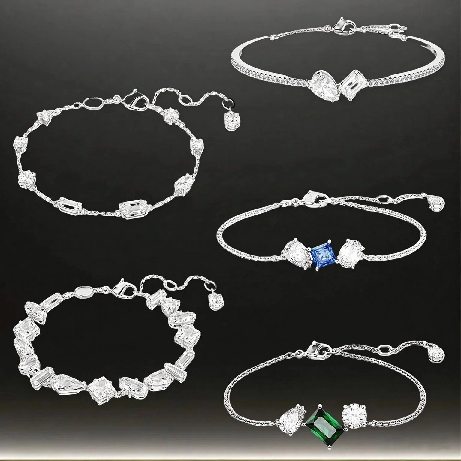 Round package set with light green zircon silver bracelet, round diamond gold bubble bracelet