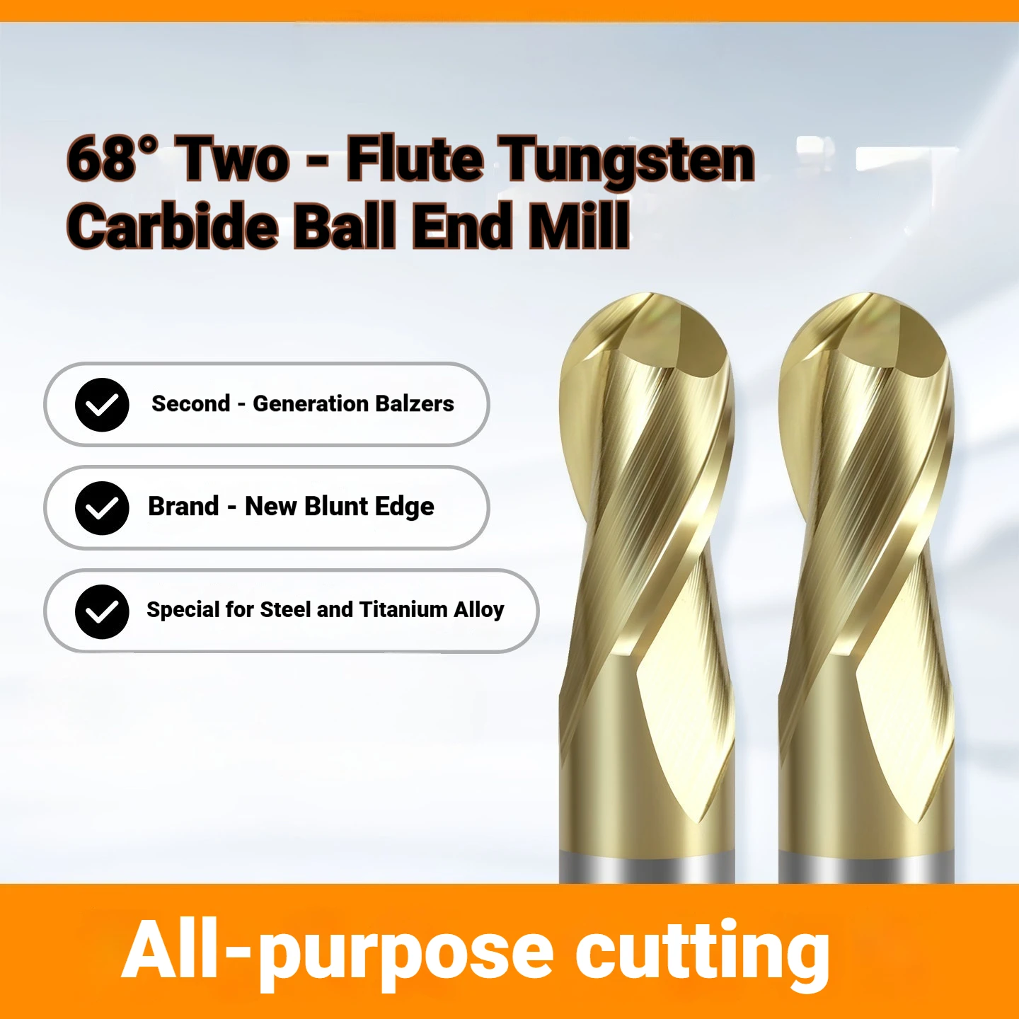 2 Flute Tungsten Steel Ball End Carbide Milling Cutter HRC68 Platinum Coating Straight Shank for Steel Processing