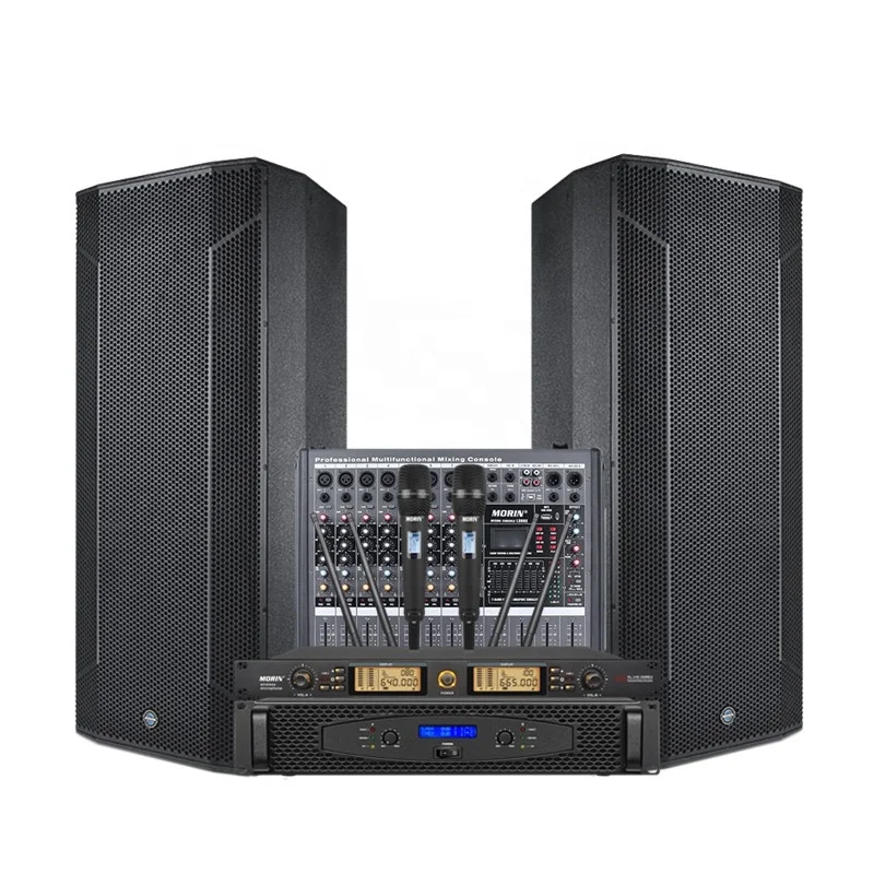 MORIN Passive Dual 15 Inch Professional Audio Combination Audio System Speaker with Amplifier/Mixer/UHF Wireless Microphones