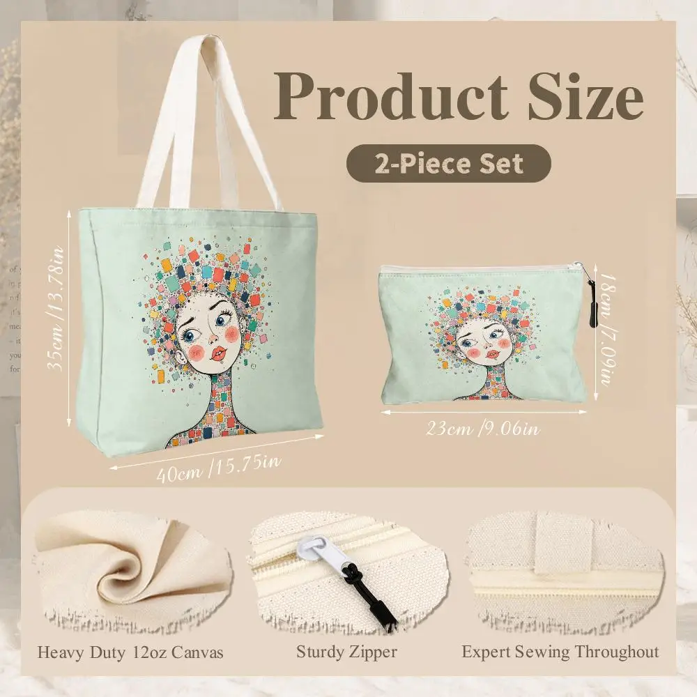 Colorful Mosaic Face Storage Bags 2-Piece Women's Canvas Zipper Large Capacity Reusable Daily Commute Shopping&Gift