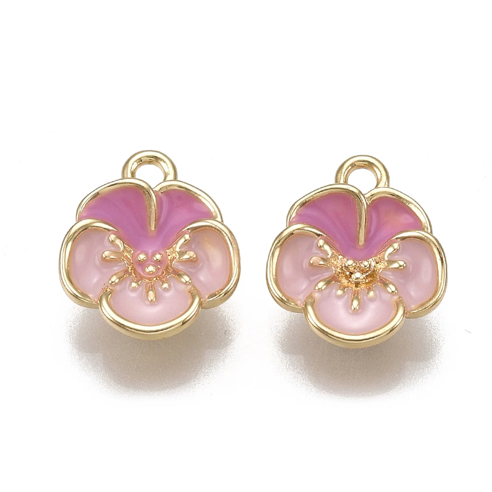 50PCS Brass Enamel Charms Real 18K Gold Plated Flower Shape Pink for Making DIY Jewelry Necklace Bracelet Earring Charms