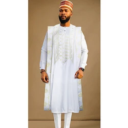 H&D New African Clothes for Men Tradition Clothing Embroidery Shirt Pants 3 Pcs Set Bazin Robe Wedding Party Nigeria Clothing