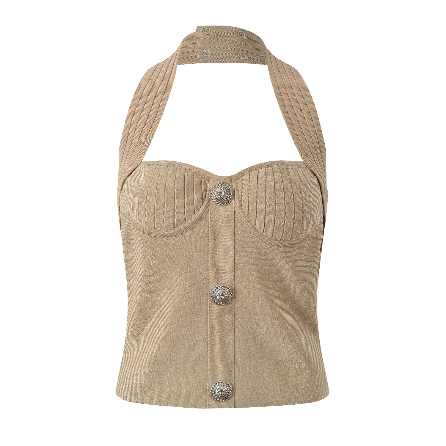 

Весна 2025 года, серебряный блестящий жилет с подвесным верхом, утягивающий сексуальный сладкий и пряный женский вязаный топ