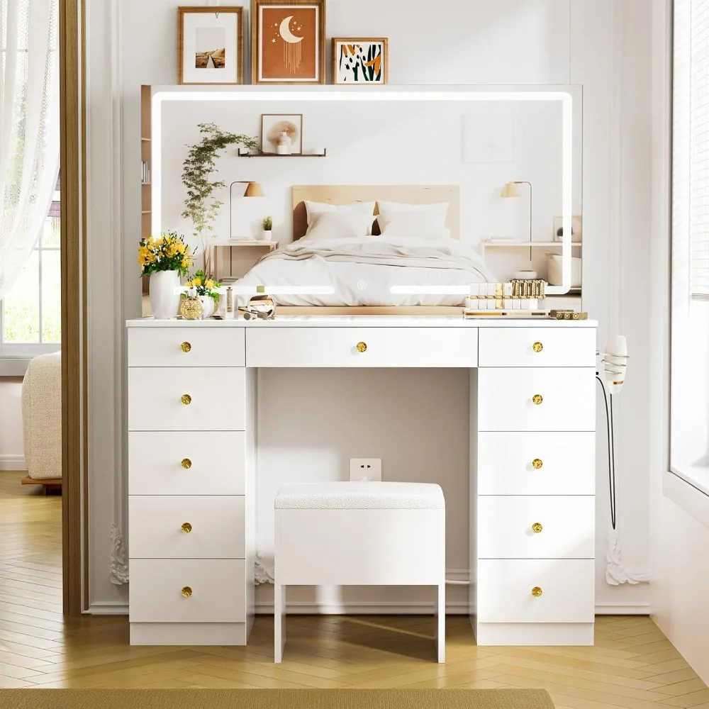 

Illuminated Mirror Makeup Vanity with Power Outlet, Glass Surface and 11 Storage Drawers, 3-Color Light Vanity Table