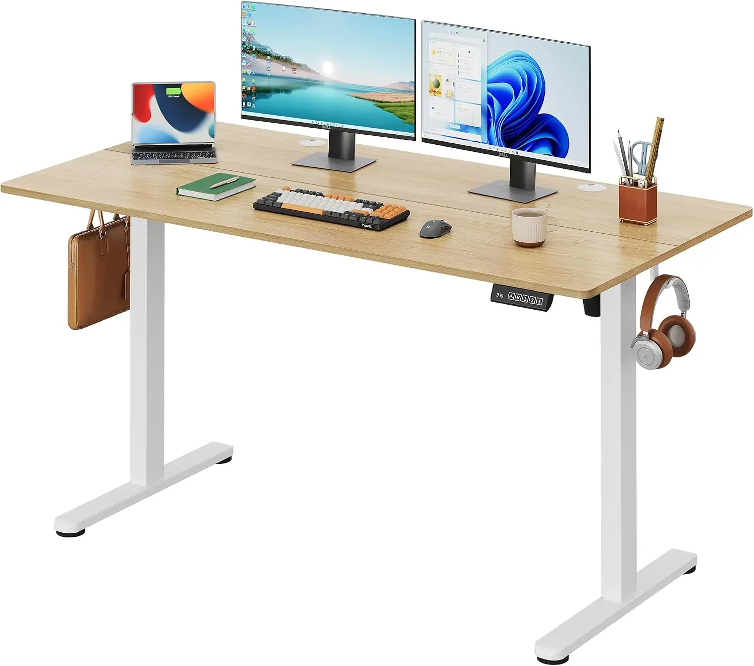 55 inch split top standing desk computer desk maple led touchscreen headphone hook memory preset home office
