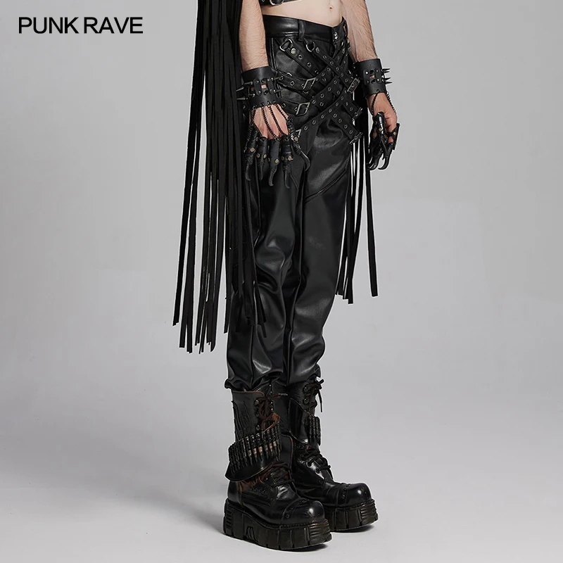 PUNK RAVE Men's Punk Street PU Leather Pants Staggered Buckle Loops Distinctive Personalized Cool Trousers Streetwear Men