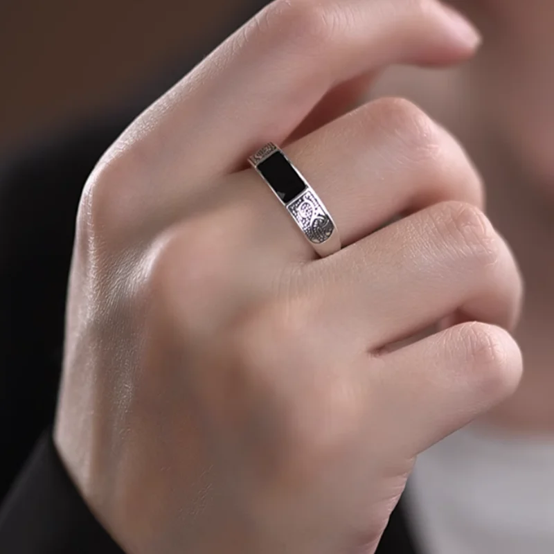 Whole bodyvintage do old pattern drop glue personality neutral trend punk open S925 sterling Silver ring