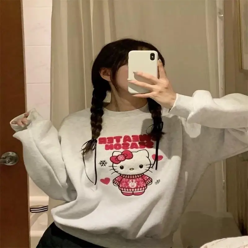 

Новая женская зимняя толстовка в стиле Hello Kitty от Sanrio (корейская версия) с флисовой подкладкой, свободного кроя, с вышивкой в виде снежинок