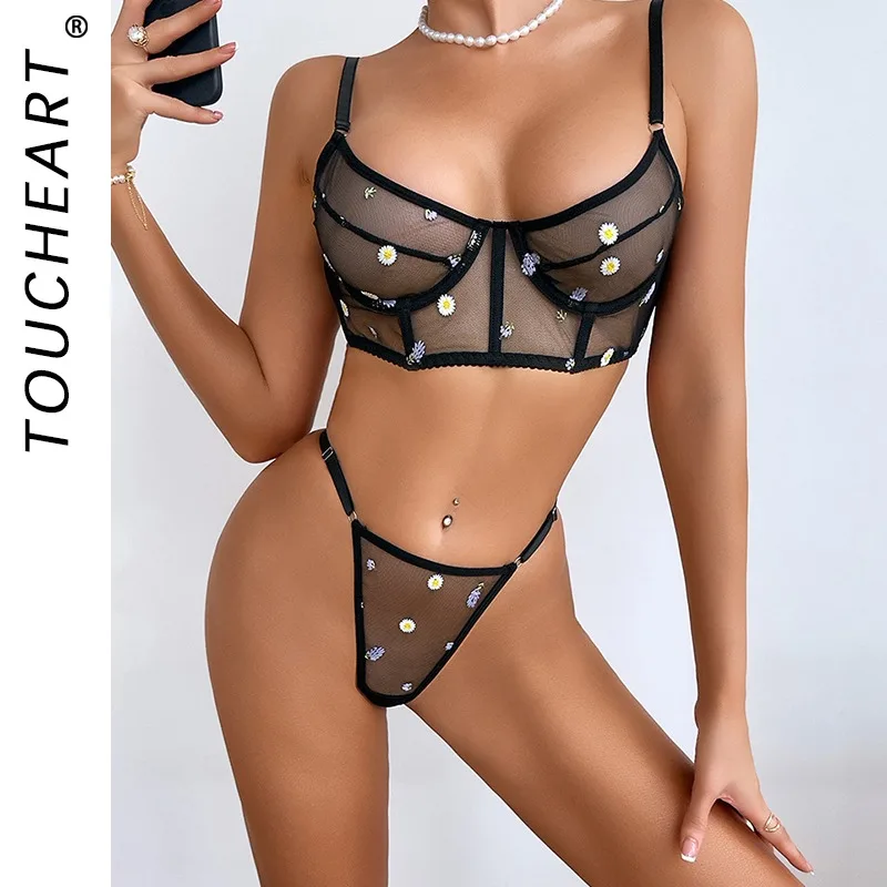 

Toucheart Women Lace Embroidery Floral See-through Sexy Interesting Underwear Panty Backless Hollow Out Slim High Waisted Set