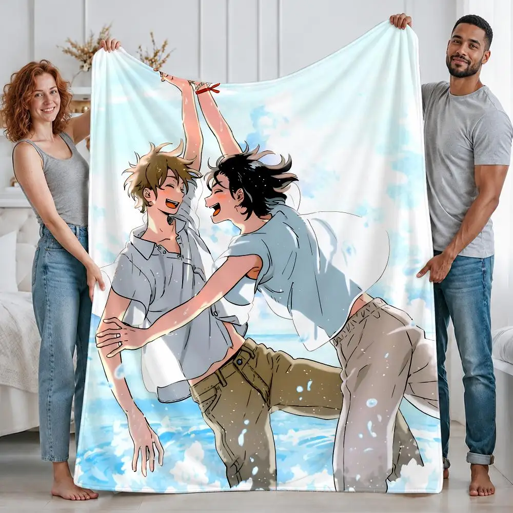Romantic Anime Stranger by the Shore Throw Custom Printed Flannel Fleece Blanket for Sofa Bed Office Travel & Camping