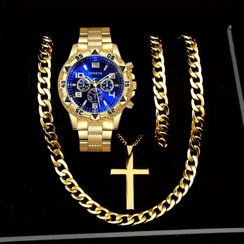 4-piece new stylish men's quartz watch set featuring an elegant and trendy business-style wristwatch and jewelry set