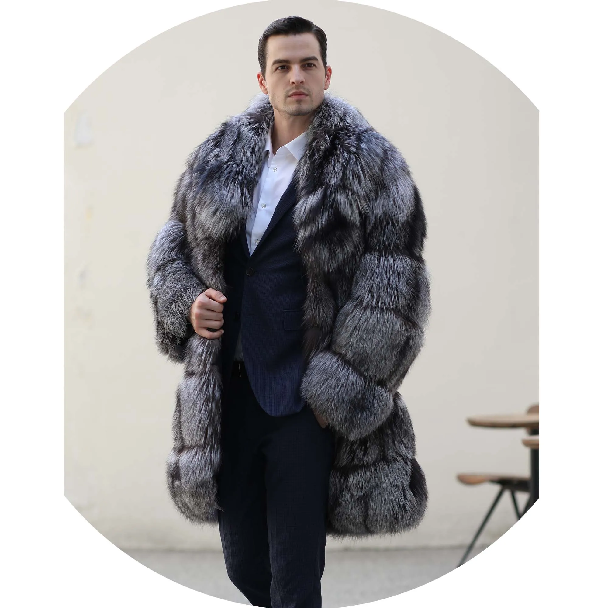 Men's Thick Silver Fox Fur Jacket, Top Quality, Custom Size, Luxury