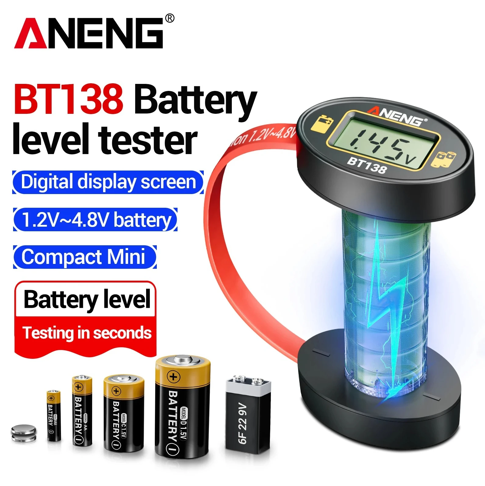 

ANENG BT138 Battery Tester 1.2V~4.8V/9V AA AAA Digital Display Lithium Button Cell Capacity Checker Portable Voltage Detect Tool