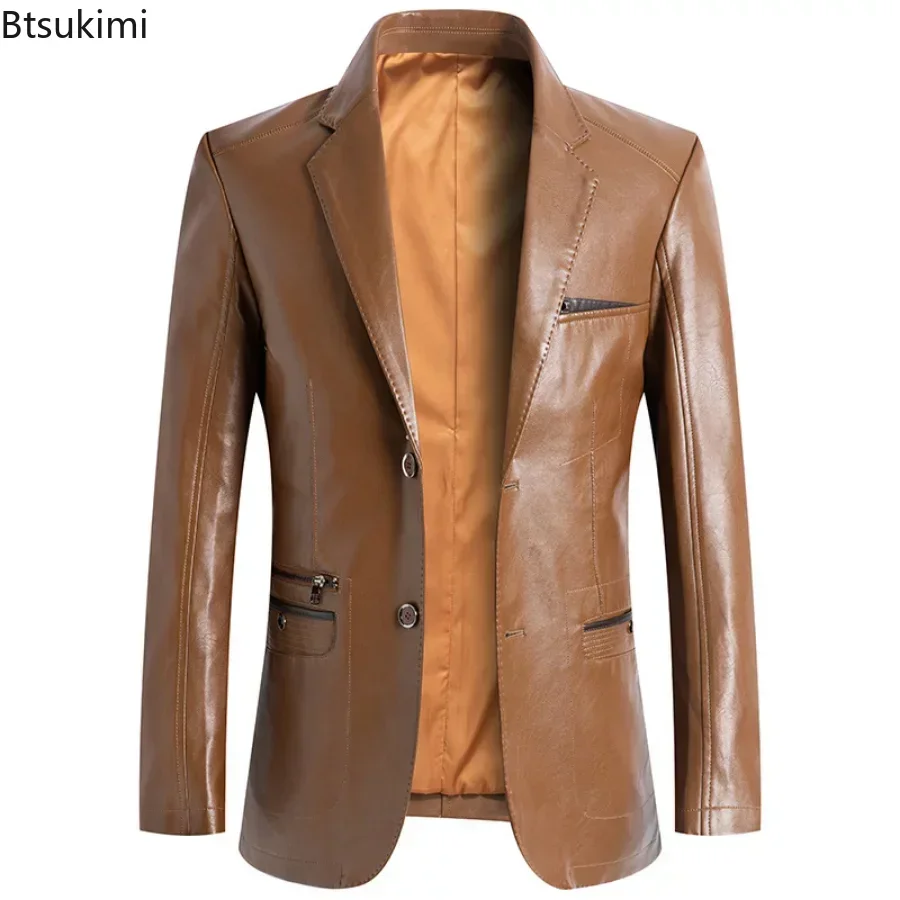 New 2024 Men\'s Brand Leather Jacket Spring Autumn Solid Color Slim Fit Blazer Jackets Man Causal Waterproof Coat Oversized M-7XL