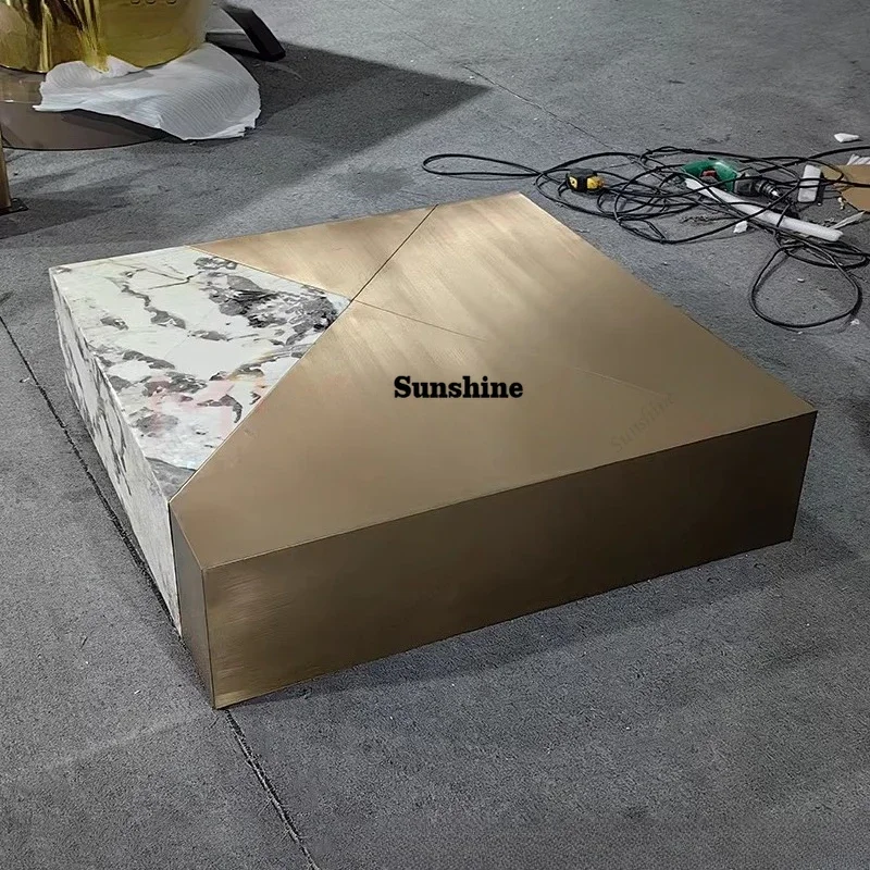 

Italian stainless steel metal tea table square marble glass coffee tableTJ