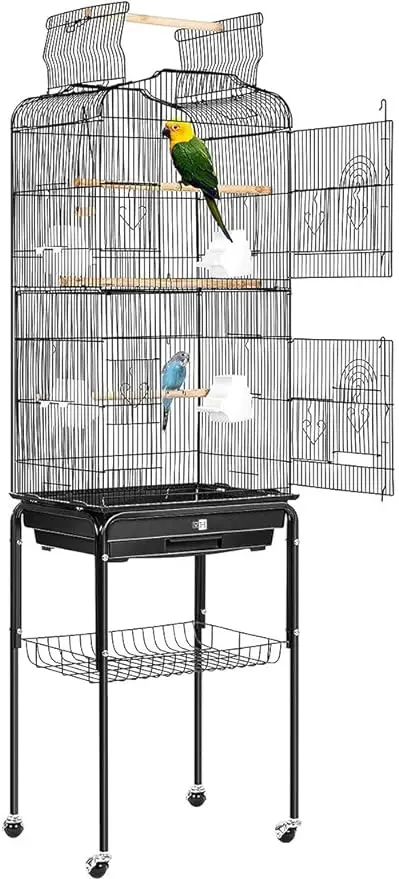 

59.8 Inch Wrought Iron Bird Cage with Play Top and Rolling Stand for Parrots Conures Lovebird Cockatiel Parakeets Black