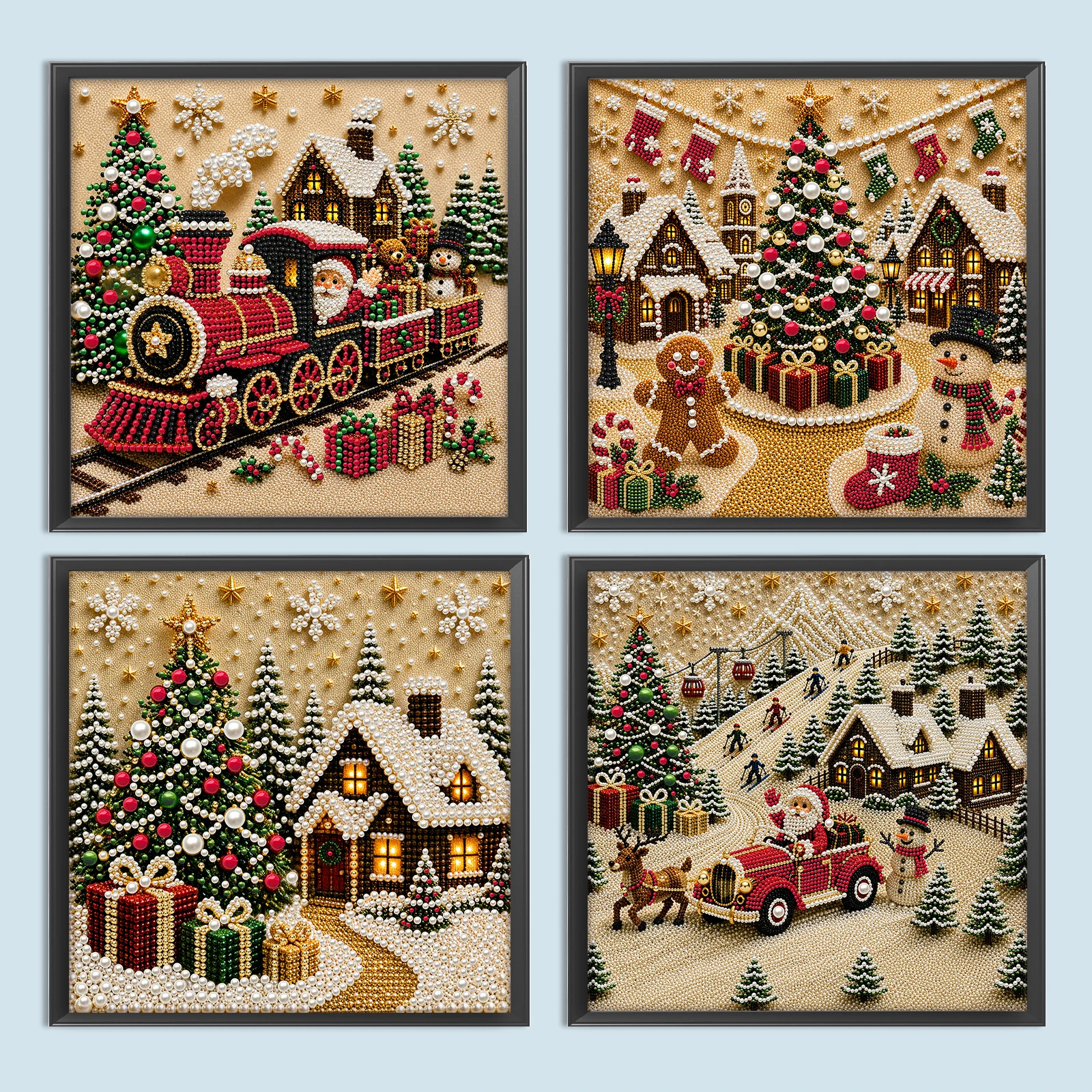Framed Christmas Train Snowy Cottage Pearl Art Kits for Adults Beginner-Friendly Diamond Art Pearl Beads Painting Kit 30x30cm
