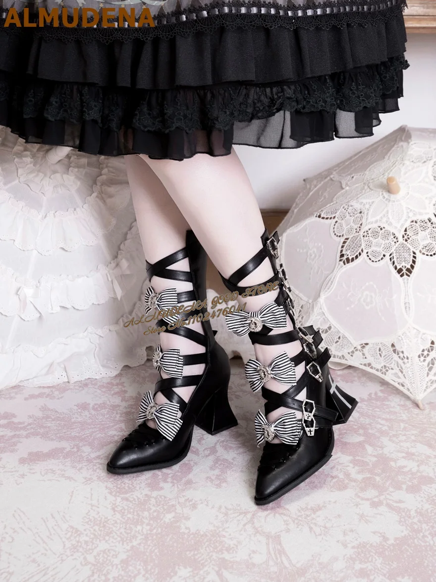 Lolita Knee High Summer Cool Boots Black White Striped Bowknot Cross Strap Buckle Chunky Heel Gothic Cosplay Party Long Boots