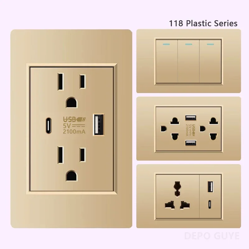 American Mexico Plastic Usb Type-c Power Outlet,US Thai home Wall 2Way Light Switch Panel Gold Dual USB Electrical Socket Plug