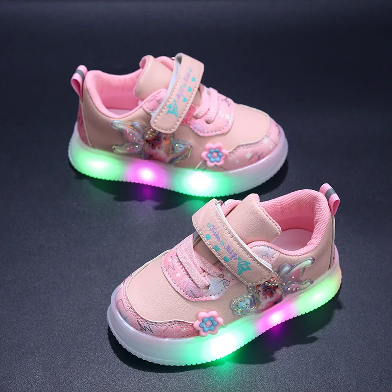 Disney LED Casual Sneakers For Spring Girls Frozen Elsa Princess Print Pu Leather Shoes Children Lighted Non-slip Pink Purple