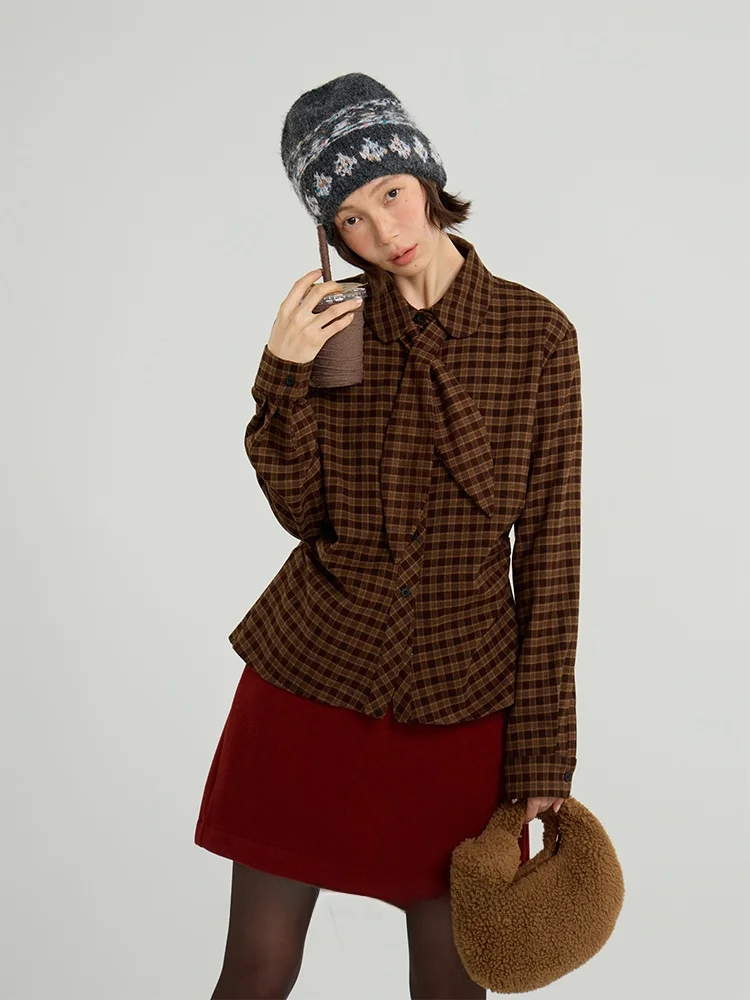 

about Passion Vintage Plaid irt Collar Layering Top Women's Loose Fit Long Sve Polyester Cotton Blend Resistant to ...