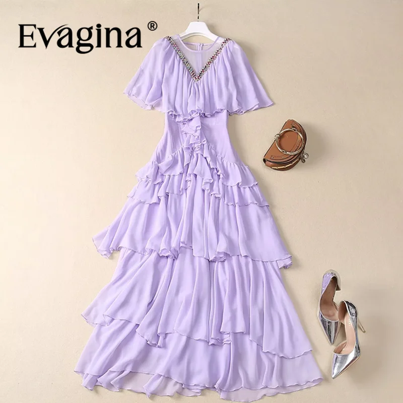 

Evagina Summer Women's Dress Cloak Sleeves Fashion Tiered Ruffles Design Beading Gorgeous Evening Dresses