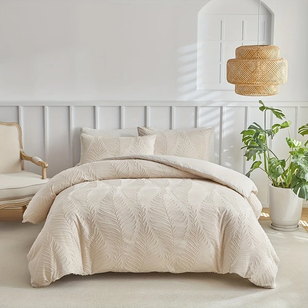 2/3 Pcs Embossed Leaf Pattern Duvet Cover Set Solid Color Comfortable Bed Cover Set Queen King Size Comforter Cover Pillowcases