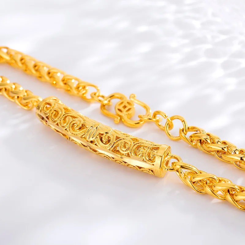 Fine AU999 gold jewelry lifetime auspicious cloud pattern bracelet 24K pure gold coin cylindrical hollow wrist chain