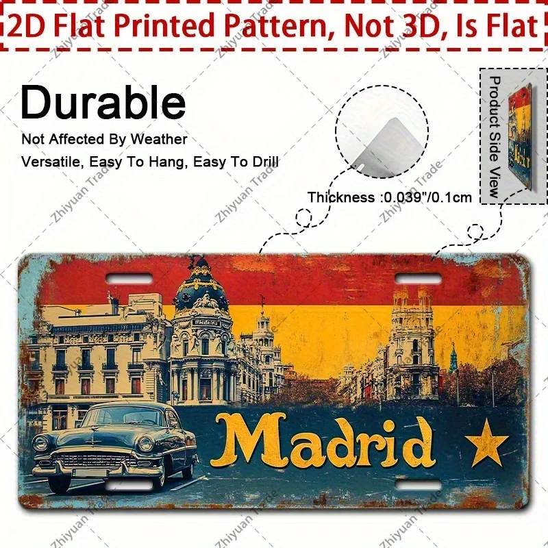 Vintage Madrid Aluminum License Plate 12x6 inch Metal Tin Sign for Wall Decor Classic Car Garage Man Cave Bar Art