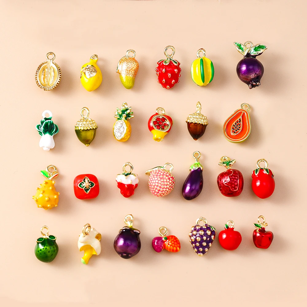 Leslie 5pcs Cute Mini Fruit Pendants Apple Banana Lemon Grape Charm Beads for Brand Sterling Silver Bracelet Jewelry Making DIY