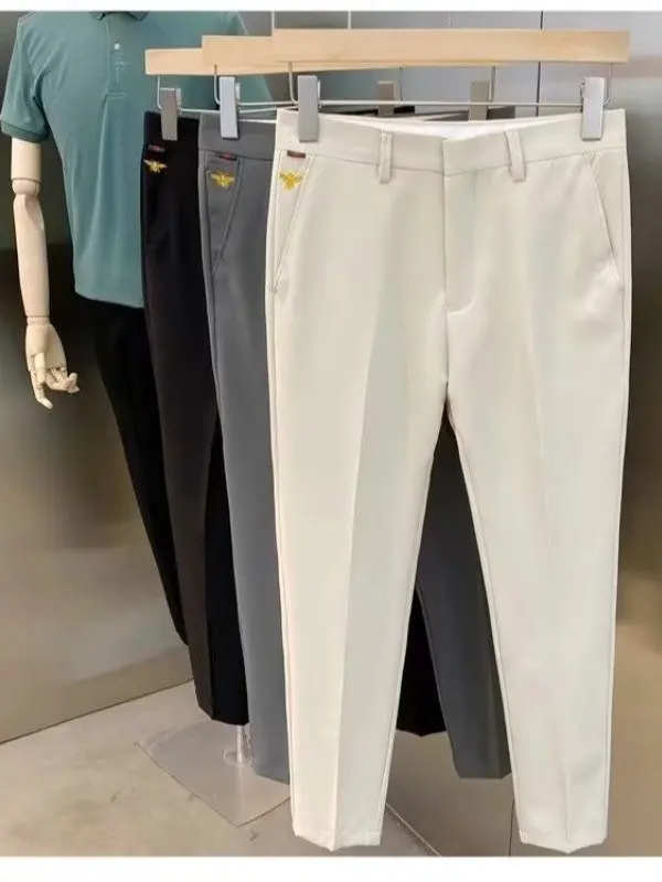 

Lightweight Slim Fit Ice Silk Trousers Nine Points British Style Casual Drapey Pure Color Men's Summer Fashion Low Waist