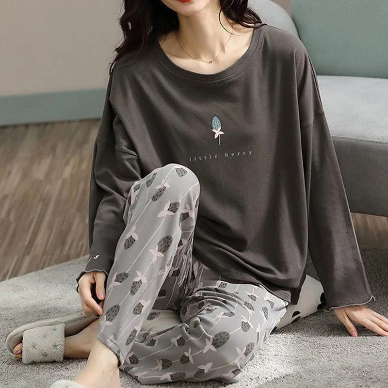 Autumn Women Pajamas Lounge Wear Set  Long Sleeved O-neck Flower Sleepwear Loose Comfortable Printing Breathable Home Pajamas