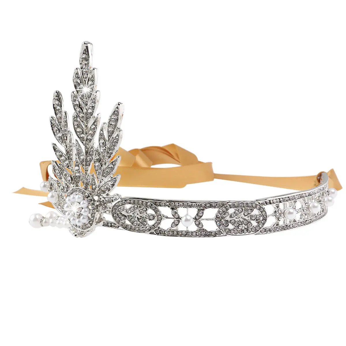 

Diamond Look Pearl Rhinestone Hairband Silver Golden Tone Adjustable Ribbon Bridal Wedding Hairbarrette Tiara for Brides Parties