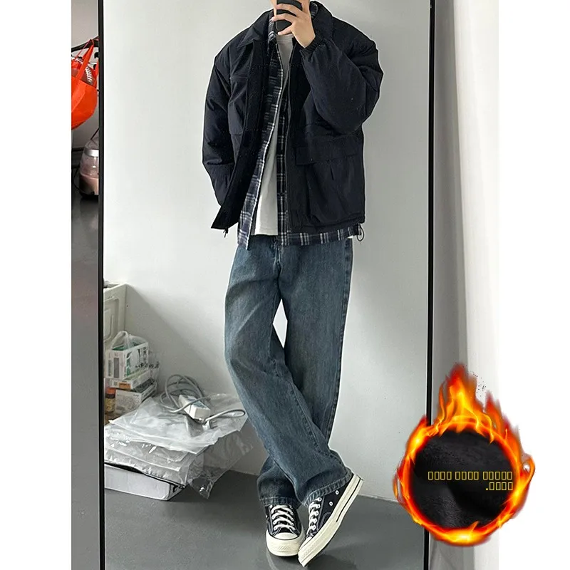 

Мужские прямые джинсы с синей флисовой подкладкой, осенне-зимние, в американском ретро-стиле, зауженные, молодежные, модные, прямые джинсы-трубы