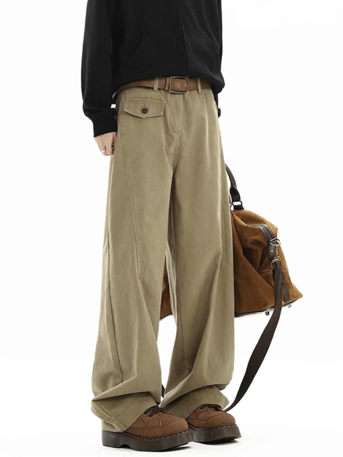 American Retro Drapey Patchwork Men's Work Pants Casual Loose Fit Low Waist Straight Leg Polyester Fiber Autumn Season