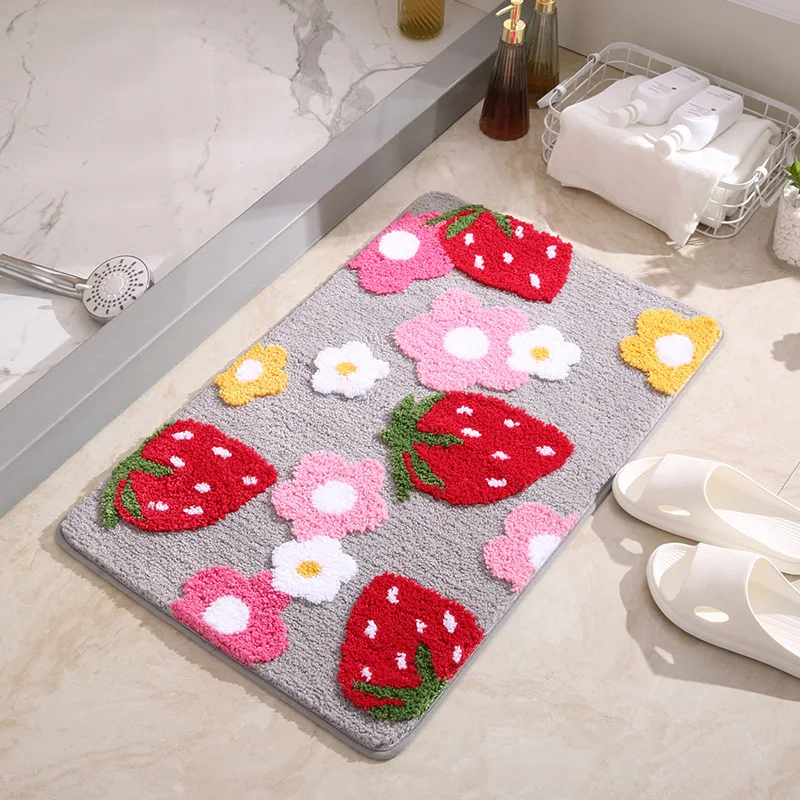 Cute Strawberry Flocking Bath Mat Pink Sweet Girls Home Decor Carpet Bedroom Rug Non-slip Absorbent Hallway Entrance Door Mat