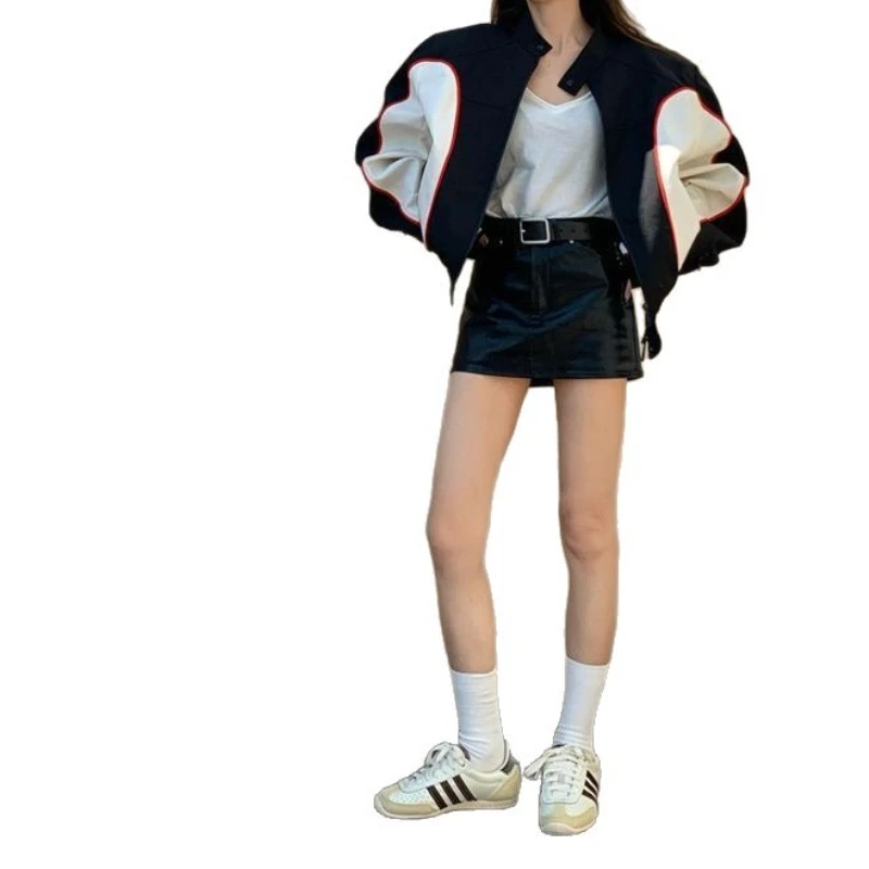 Jacket Women's 2025 New Black and White Contrasting Top, Loose High-waisted Motorcycle Baseball Uniform