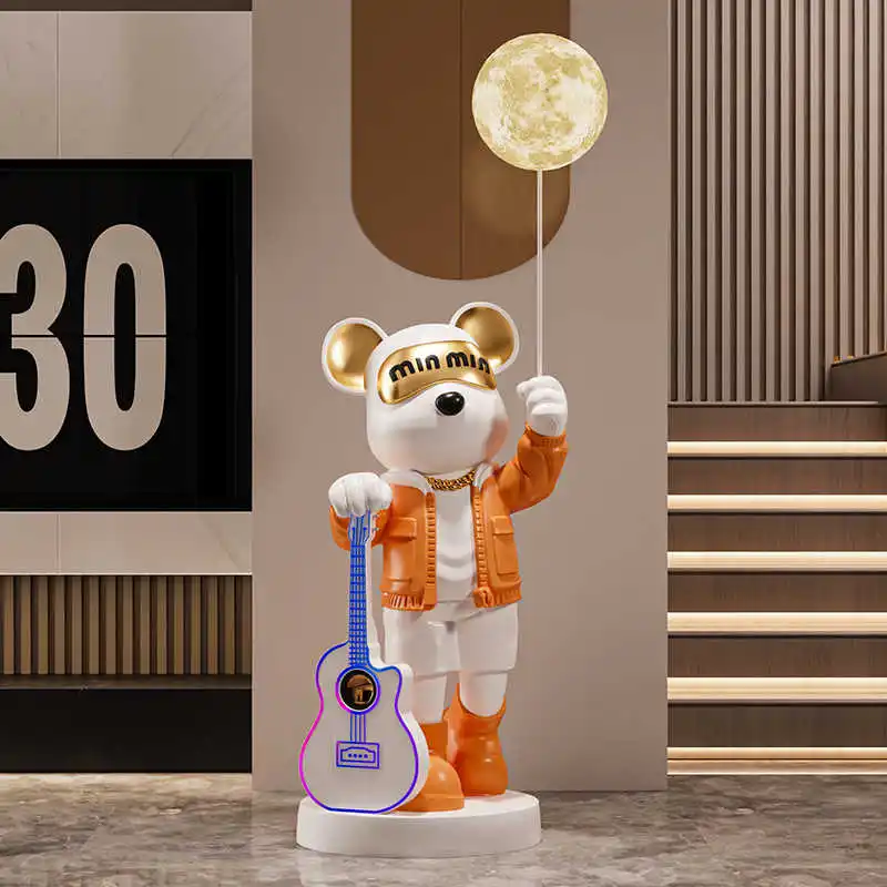 Home Decor 131CM Guitar Bluetooth Speaker Bear Statue Large Floor Decor Living Room Animal Sculpture Ornament Housewarming Gifts