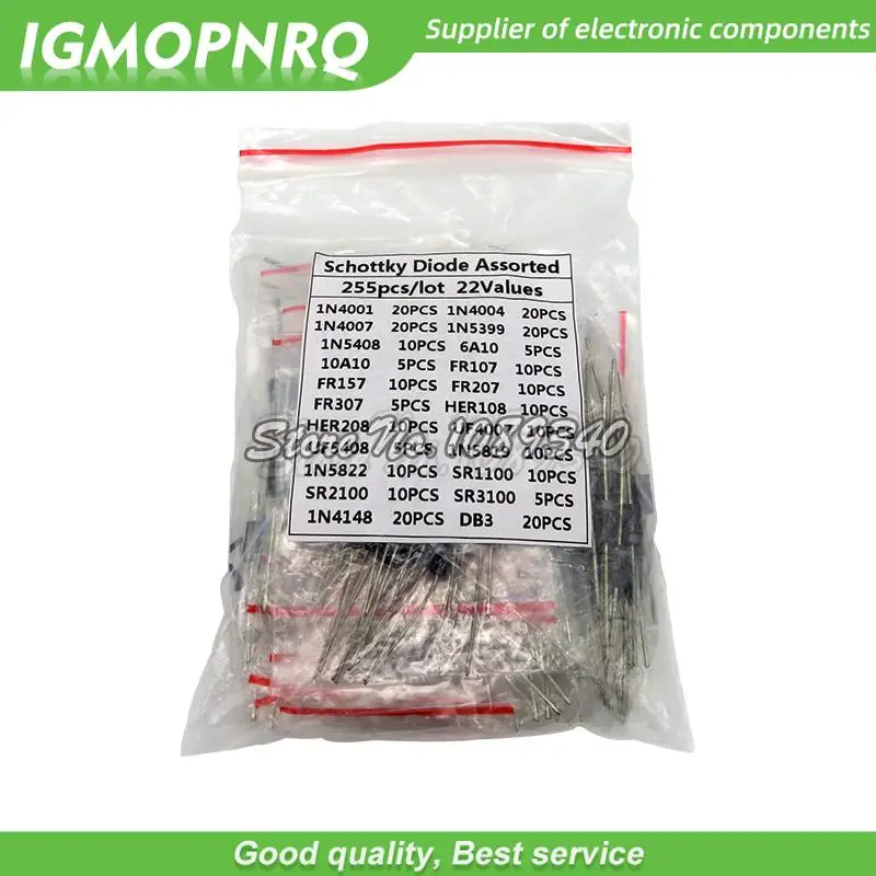 255PCS 1N4001 1N4004 1N4007 1N5408 UF4007 FR307 1N5819 1N5822 6A10 10A10 Fast Switching Rectifier Schottky Diode Assorted Kit